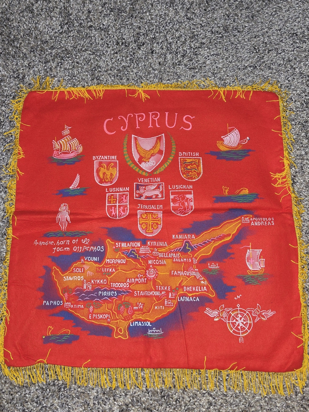 Vintage Cyprus Map and Points of Interest Red Felt Yellow Fringe